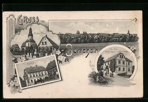 Künstler-AK Bornshain, Gasthof, Stellmacherei u. Materialhdlg. Joh. Hiller