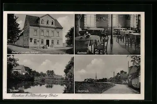 AK Bocka b. Altenburg, Gasthof Zur sächs. Schweiz, Dorfstrasse, Dorfteich