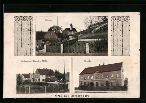 AK Gerstenberg, Kirche, Restaurant Theodor Müller, Schule