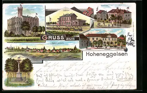 Lithographie Hoheneggelsen, Bahnhof, Gasthof von Ernst Pages, Apotheke und Post