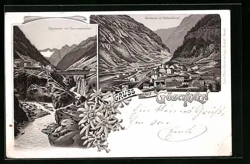 Lithographie Göschenen, Totalansicht mit Gotthardtunnel, Dammagletscher