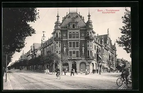 AK Bern, Thunstrasse, Fahrradfahrer auf der Strasse, Kirchenfeld