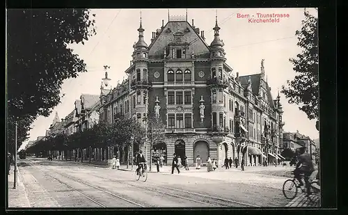 AK Bern, Thunstrasse, Fahrradfahrer auf der Strasse, Kirchenfeld