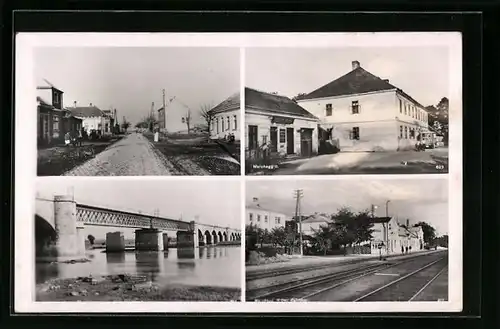 AK Marchegg, Strassenpartie, Eisenbahnbrücke, Bahnhof