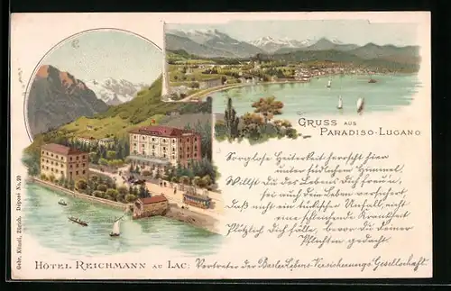 Lithographie Paradiso-Lugano, Hotel Reichmann au Lac, Teilansicht