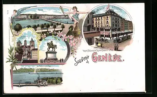 Lithographie Genève, Monument Dufour, Hotel de L`Europe, La Rade et le jet d`eau