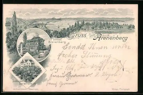 Lithographie Arenenberg, Teilansicht, Schloss Arenenberg, Schloss Salenstein