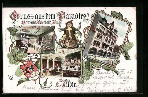 Lithographie Basel, Gasthaus Bairische Bierhalle, Münchner Kindl, Wappen