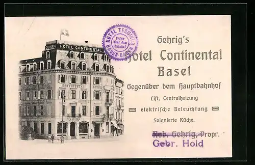 AK Basel, Hotel Continental gegenüber dem Bahnhof