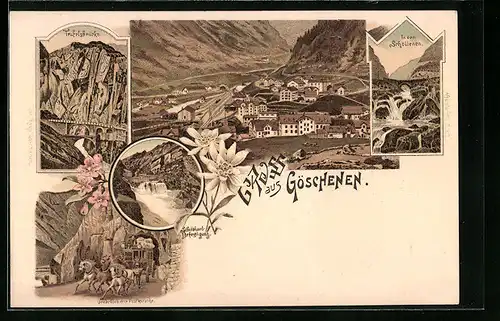 Lithographie Göschenen, Teufelsbrücke, In der Schöllenen, St. Gotthard-Befestigung