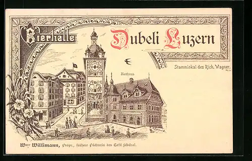 Künstler-AK Luzern, Restaurant Bierhalle Dubeli und Rathaus
