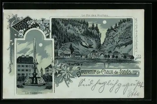 Lithographie La Chaux-de-Fonds, Le Col des Roches, La Fontaine