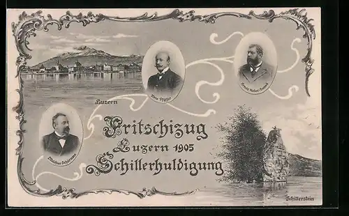 AK Luzern, Ortsansicht, Fritschizug 1905, Schillerhuldigung, Schillerstein