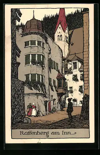 Steindruck-AK Rattenberg am Inn, Strassenpartie mit Gebäudeansicht
