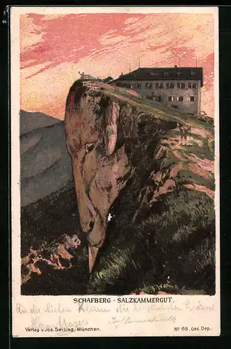 Künstler-AK Seiling Nr. 68: Salzburg, Schafberg im Abendlicht, Berg mit Gesicht / Berggesichter