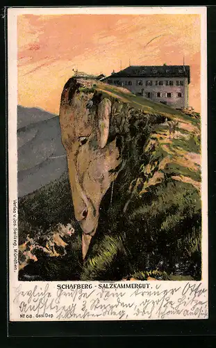 Künstler-AK Seiling Nr. 68: Salzburg, Schafberg im Abendlicht, Berg mit Gesicht / Berggesichter