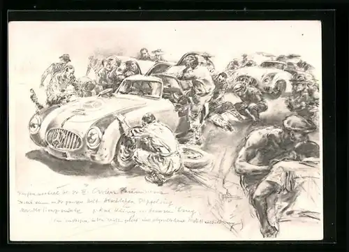 Künstler-AK Mercedes-Benz 300SL Gullwing wird gewartet