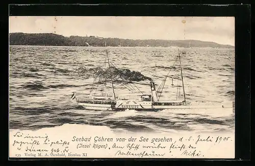 AK Seebad Göhren von der See gesehen, Dampfer Sassnitz