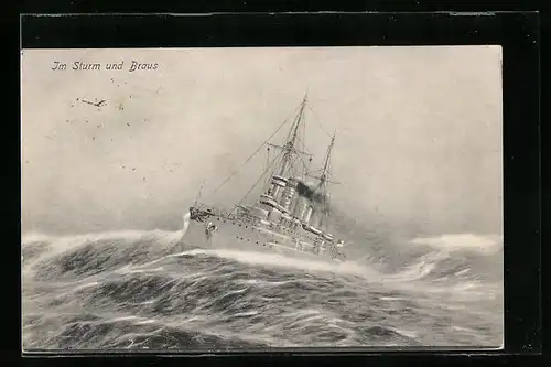 AK Kriegsschiff in Sturm und Braus