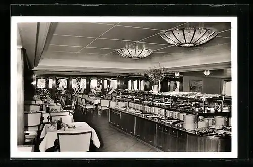 AK Fährschiff Deutschland, Innenansicht des Restaurants mit kaltem Buffet