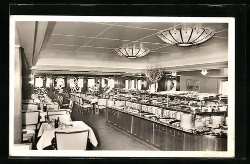 AK Fährschiff Deutschland, Innenansicht des Restaurants mit kaltem Buffet