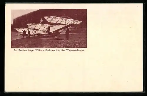 AK Tullnerbach, Wilhelm Kress-Ehrung zum 100. Geburtstag 1936, Drachenflieger Wilhelm Kress am Ufer des Wienerwaldsees