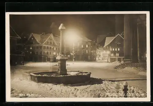 AK Dornbirn, Marktplatz mit Brunnen im Winterglanz