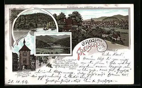 Lithographie Freiburg i. Br., Panorama vom Loretto aus, Waldsee, Martinsthor, Günthersthal