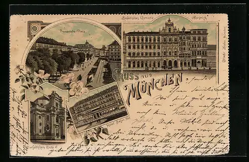 Lithographie München, Promenade-Platz, Bayrisches Gewerbe Museum, Hotel Bayer. Hof