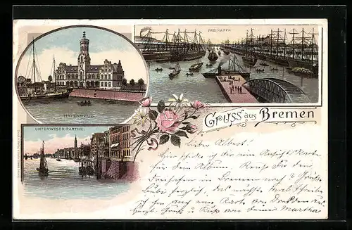 Lithographie Bremen, Freihafen, Hafenhaus, Unterweser-Parthie