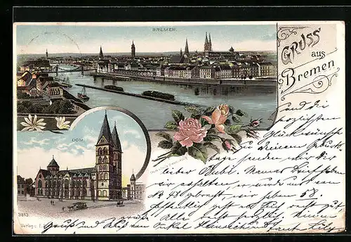 Lithographie Bremen, Ortsansicht aus der Vogelschau, Dom
