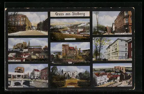 AK Stolberg, Steinwegstrasse, Kaiserplatz m. Amtsgericht, Burg u. Kortumstrasse