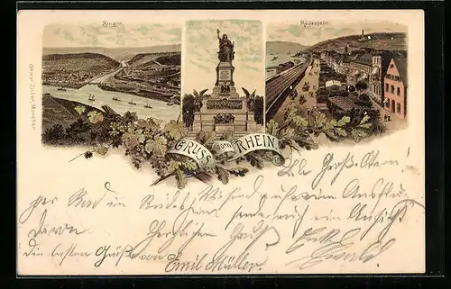Lithographie Bingen, Gesamtansicht aus der Vogelschau, Strassenpartie Rüdesheim