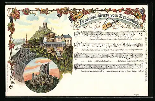 Lithographie Drachenfels, Trinklied, Gasthaus Drachenfels