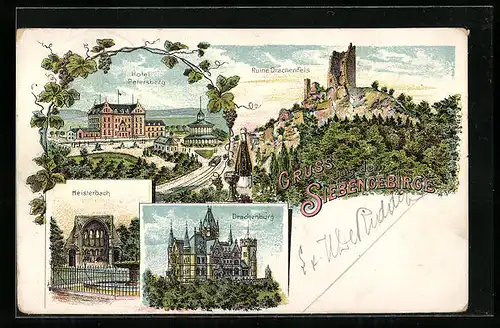 Lithographie Petersberg, Hotel, Ruine Drachenfels, Heisterbach