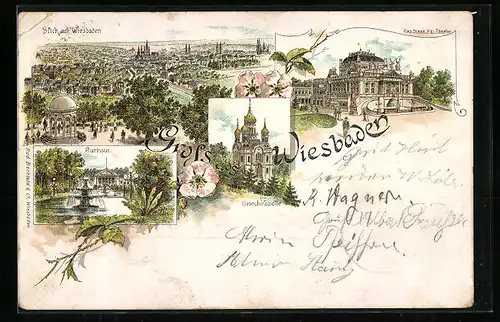 Lithographie Wiesbaden, Gesamtansicht, Kurhaus Neues Theater