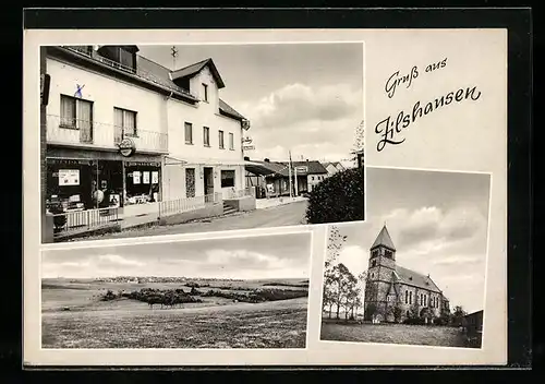 AK Zilshausen, Panorama aus der Ferne, Strassenpartie mit Geschäft und Tankstelle-Gasthaus Ketter