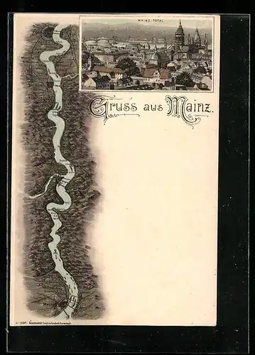 Lithographie Mainz, Totalansicht und Landkarte mit Rhein und Umgebung