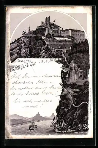 Lithographie Drachenfels, Burgruine und Gasthof mit Rhein und Fernblick, Sturz des Drachen