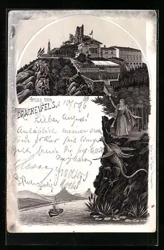 Lithographie Drachenfels, Burgruine und Gasthof Drachensturz, Rhein und Fernblick