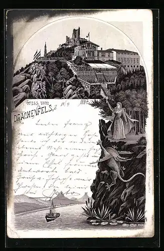 Lithographie Drachenfels, Drachensturz vor Burgruine und Gasthof, mit Rhein und Fernblick