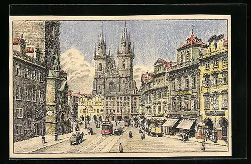 AK Prag / Praha, Staromestské námestí s Týnským kostelem a radnici, Strassenbahn