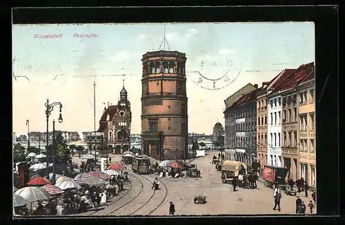 AK Düsseldorf, Rheinufer, Markt und Strassenbahn