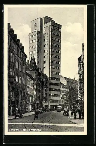 AK Stuttgart, Strassenbahn passiert das Tagblatt-Hochhaus