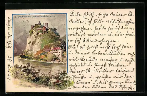 Lithographie Bozen, Schloss Siegmundskron an der Mendelstrasse