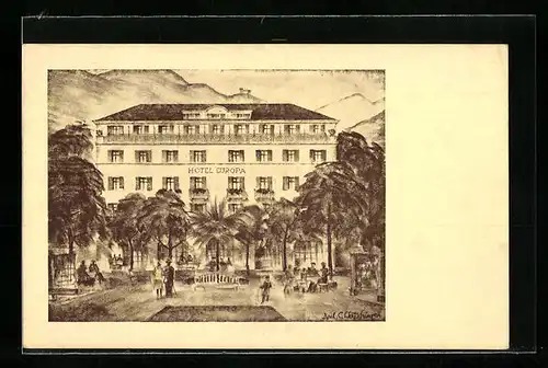 Künstler-AK Bozen, Hotel Europa / Posta mit Anlagen