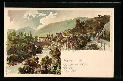 Lithographie Meran, Gilfpromenade mit Brücke und Bergpanorama