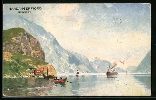 Künstler-AK Hardanger, Fjordpanorama mit Dampfer