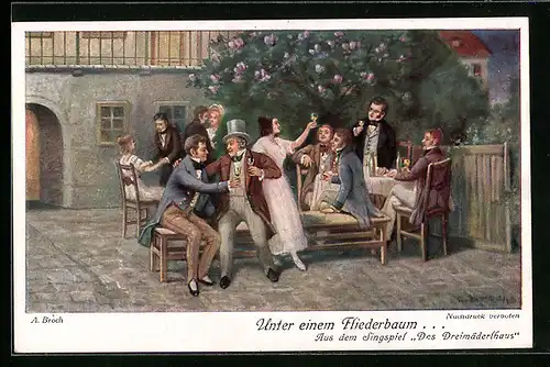 Künstler-AK Unter einem Fliederbaum, aus dem Singspiel das Dreimäderlhaus, Musik von Franz Schubert