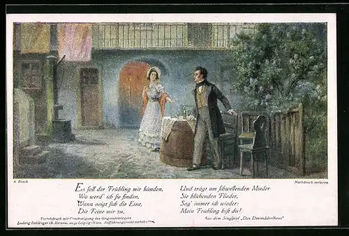 Künstler-AK Franz Schubert, Das Dreimäderlhaus - Szene und Verse aus dem Singspiel
